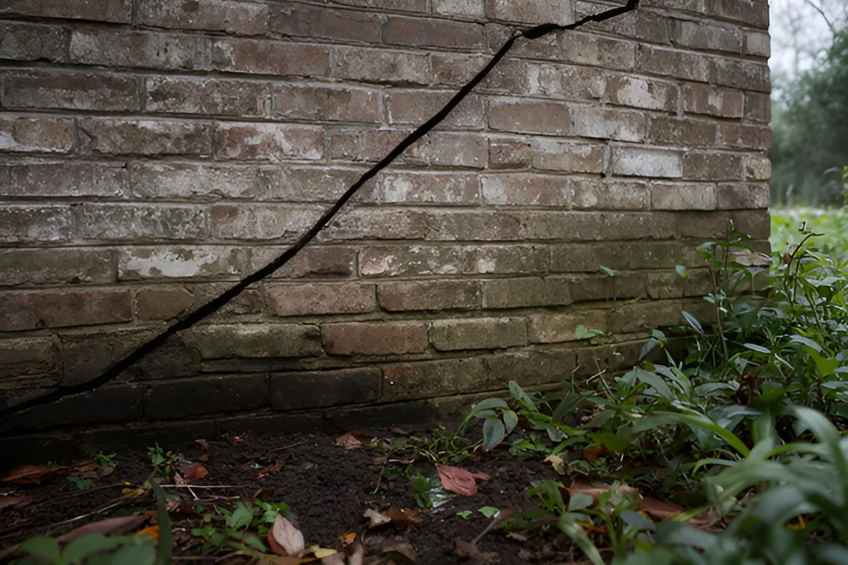 Brick foundation wall of a house with a visible diagonal crack