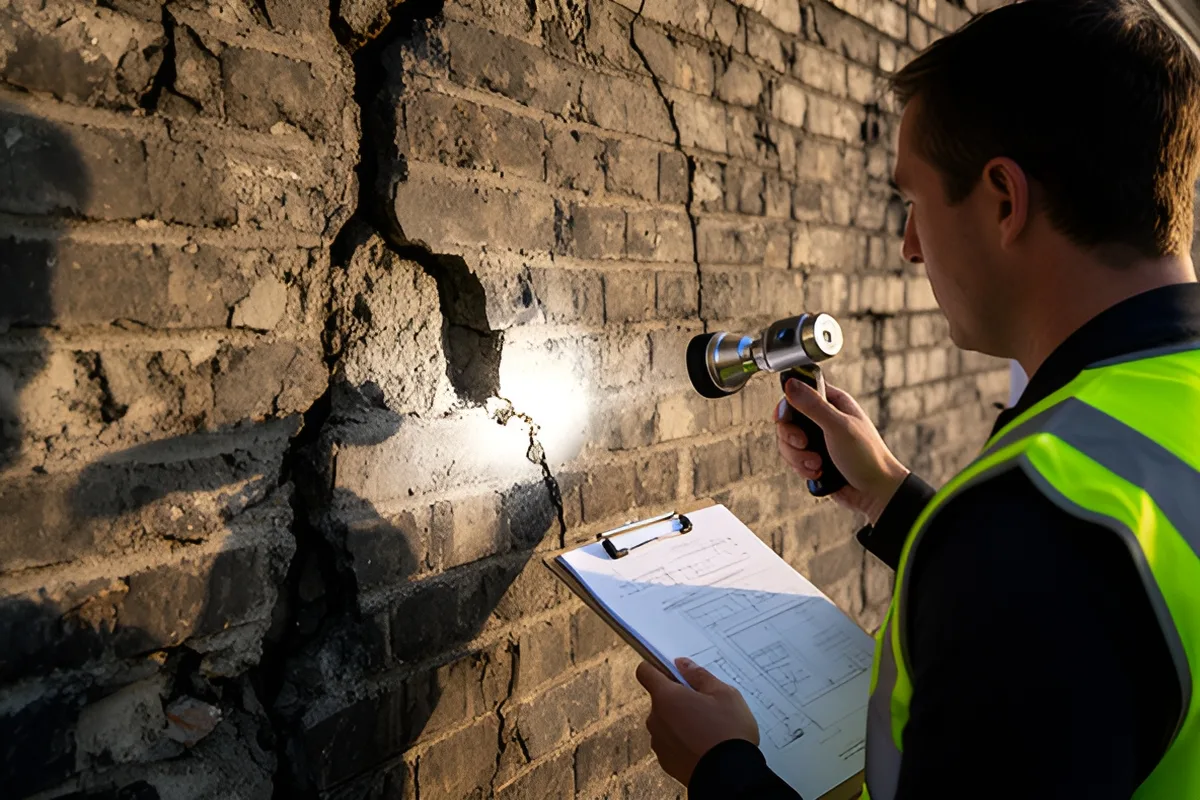 A structural engineer inspecting a cracked brick foundation wall with a torch
