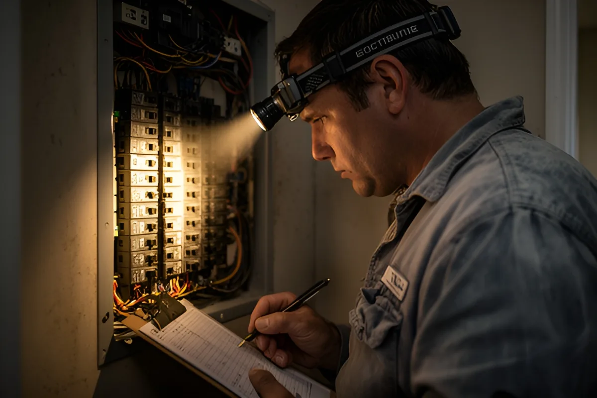 Home inspector in a crawlspace holding a torch and clipboard