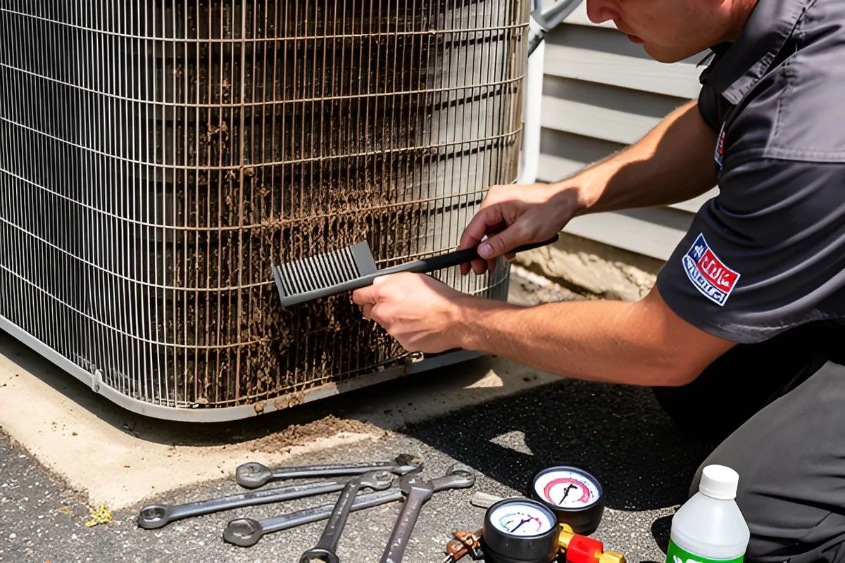 Technician servicing a residential air conditioning condenser unit