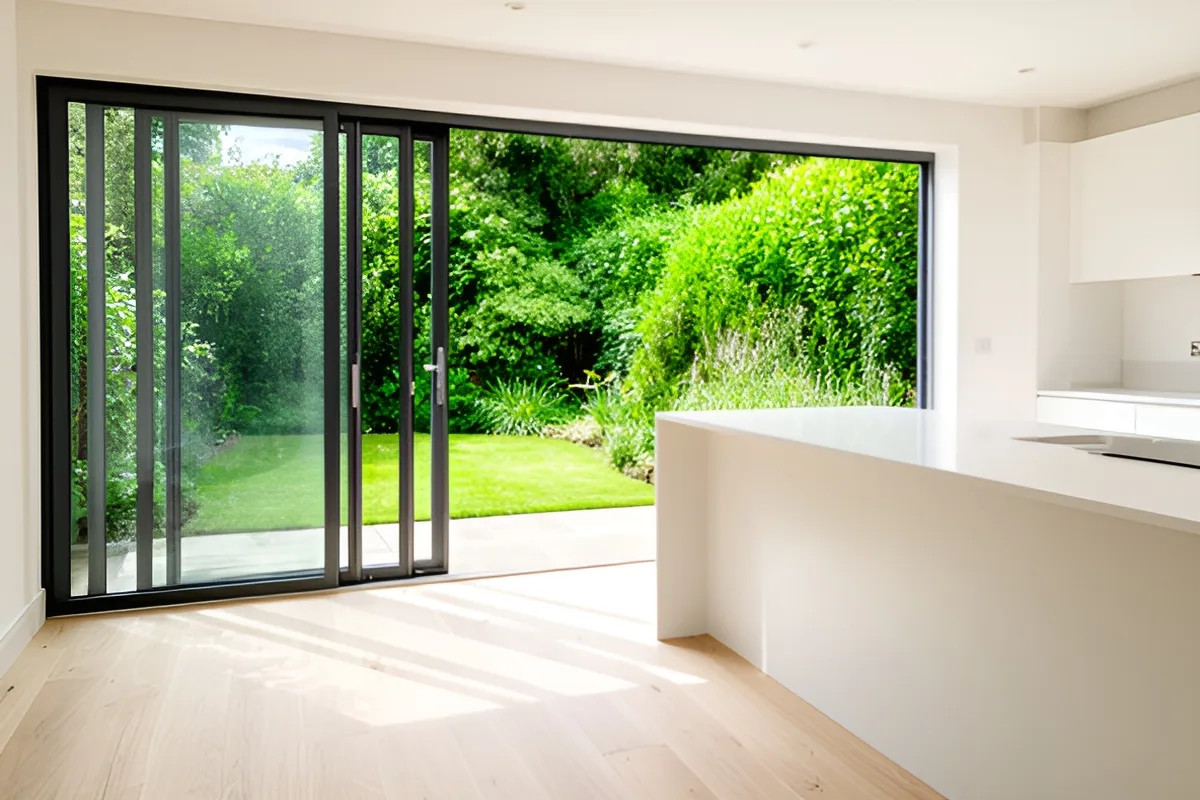 Newly built kitchen extension with large glass doors opening to a garden