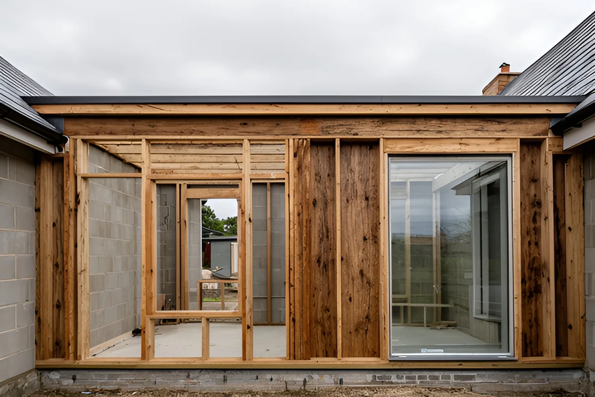 A kitchen extension under construction with exposed timber framing and glazing