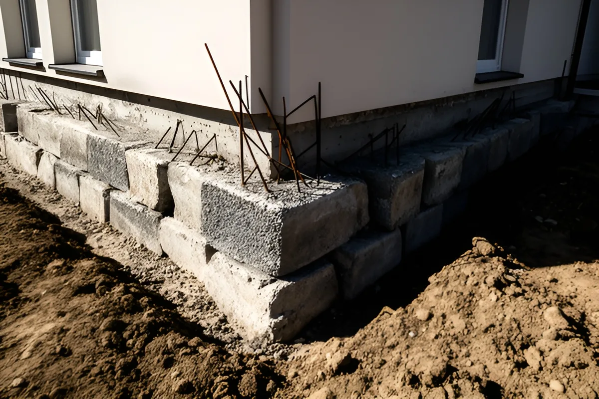Concrete footings and blockwork at the rear of a house during an extension build