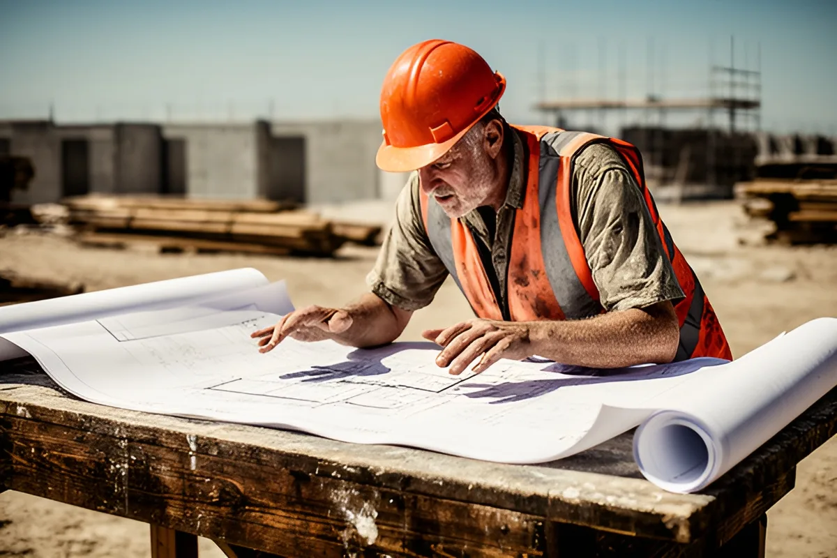 A project manager reviewing plans on a workbench at a building site