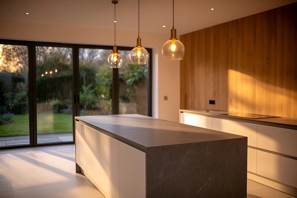 A finished kitchen extension with a large island and garden doors