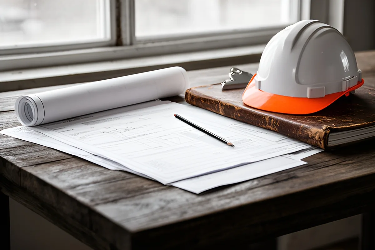 Approved building plans and permit documents on a desk with a hard hat