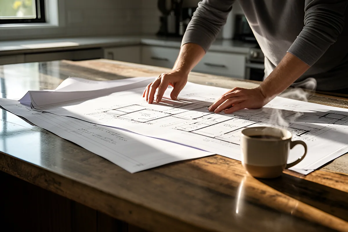 A homeowner reviewing permit drawings spread across a kitchen island
