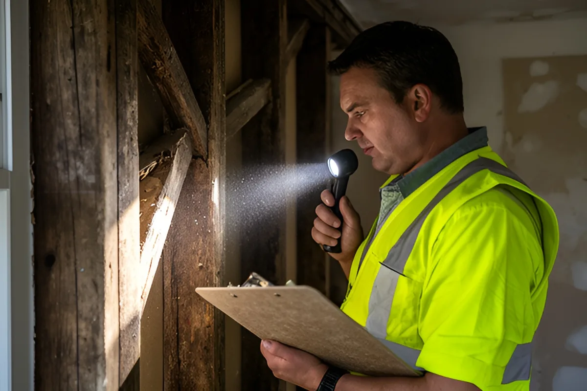 A building inspector checking framing inside a house under renovation
