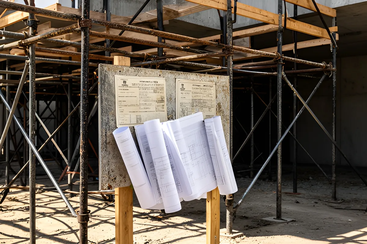 A permit board with approved plans attached at a residential construction site