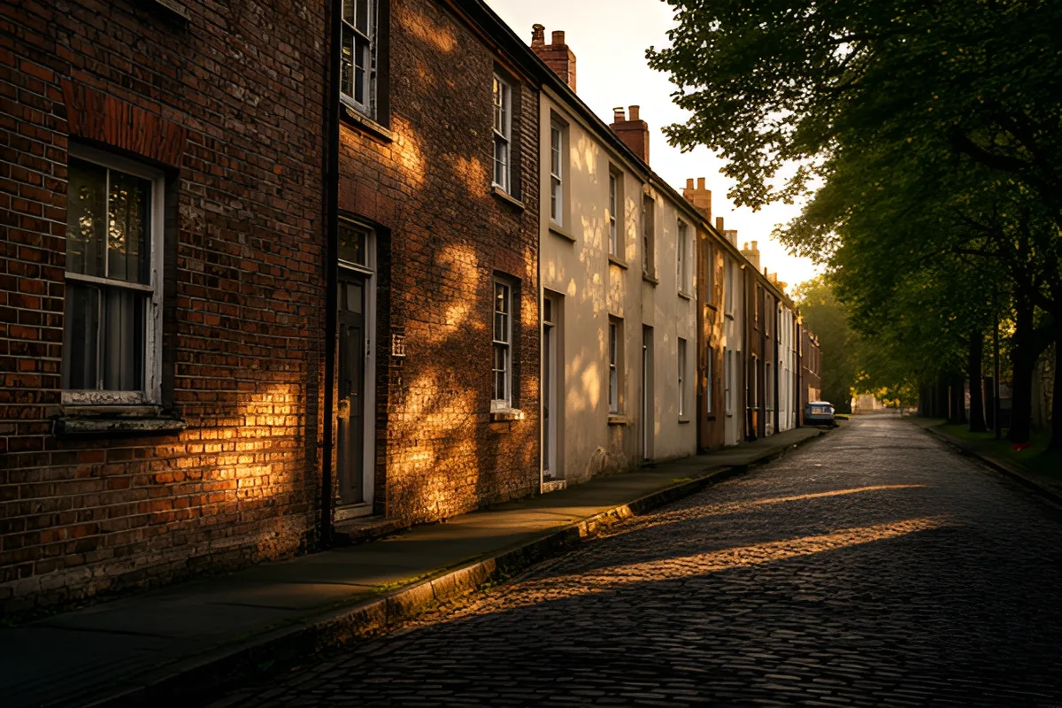 Row of terraced houses on a quiet street in late afternoon light