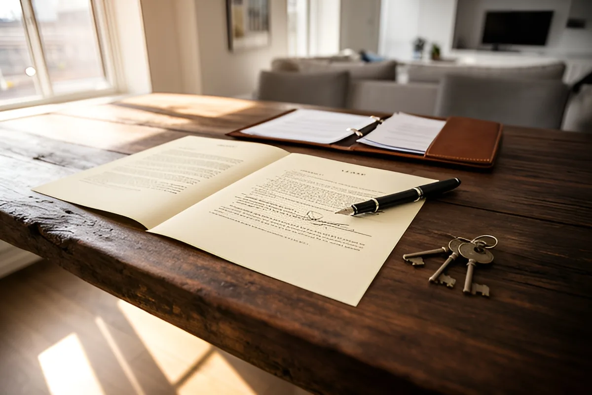 A landlord and tenant signing a lease at a dining table in a bright apartment
