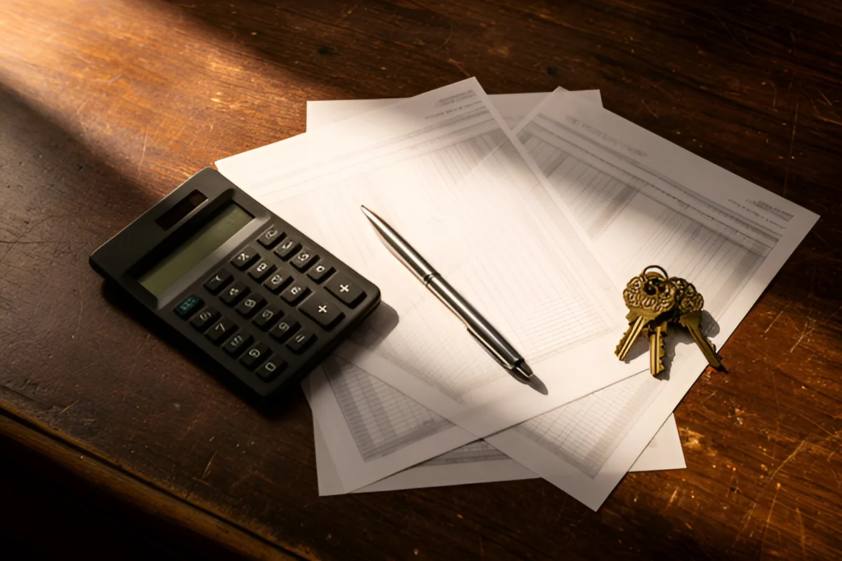 A spreadsheet and calculator on a desk beside a set of house keys
