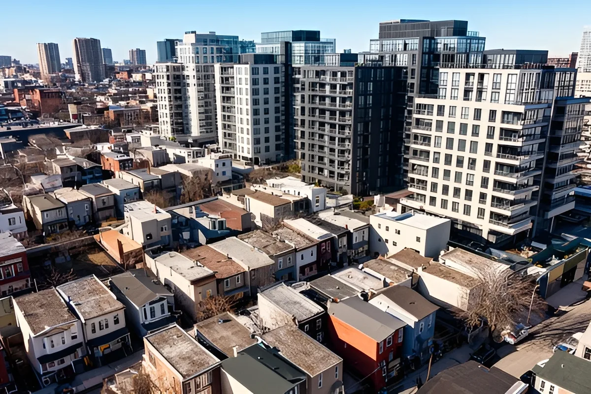 Aerial view of a city neighbourhood with a mix of houses and apartment blocks