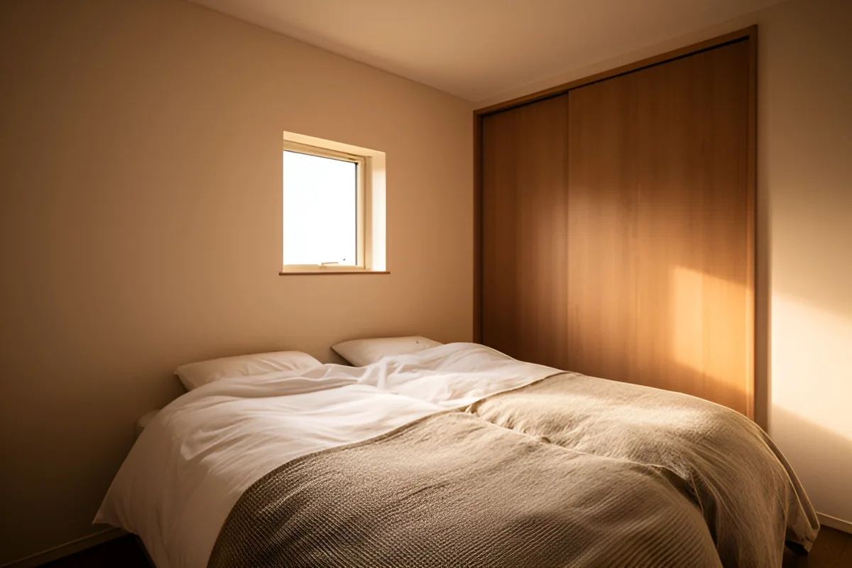 Small bedroom with a neatly made bed, built-in wardrobe and warm daylight