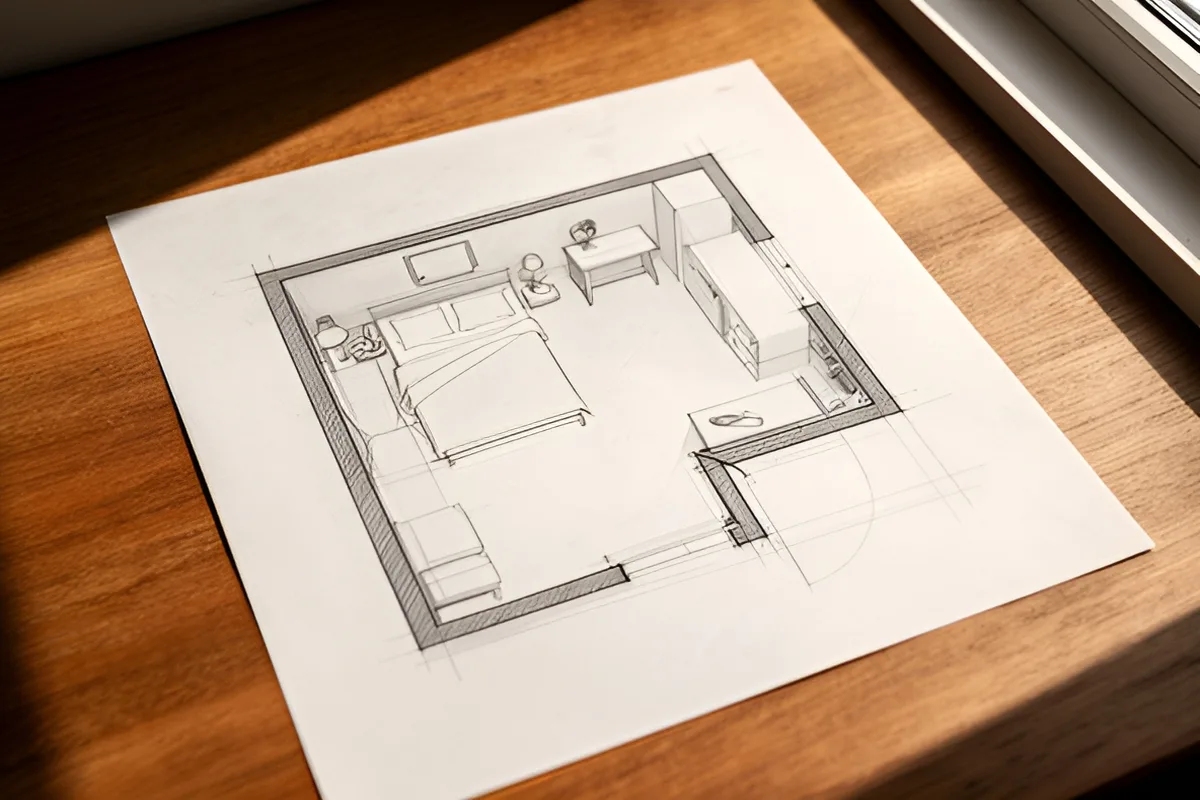 A compact bedroom with a bed centred on the wall and a slim built-in wardrobe