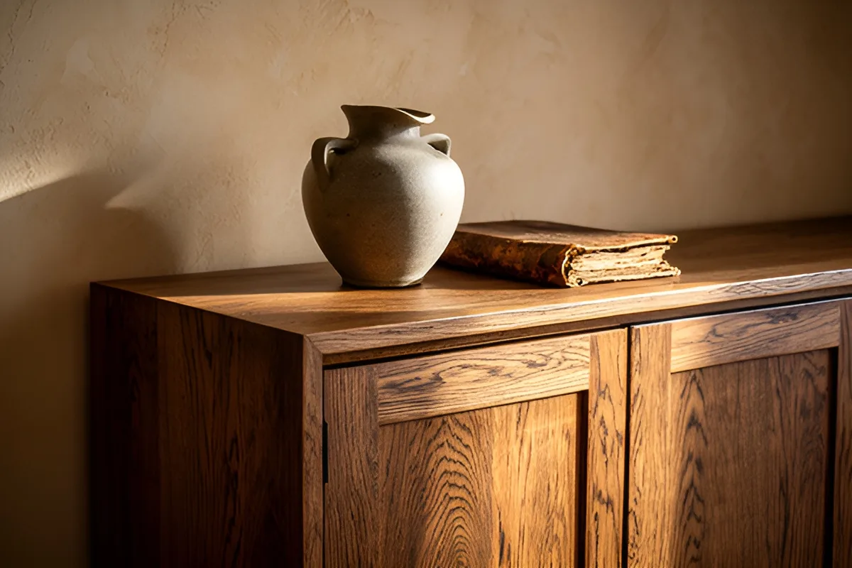 Oak sideboard with visible grain against a warm white plaster wall