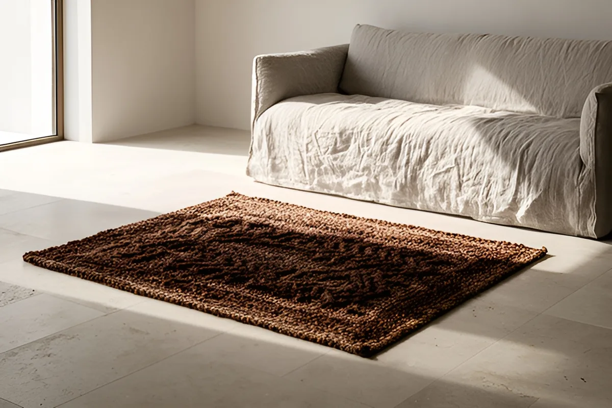 Limestone floor tiles with a woven wool rug in a calm living space