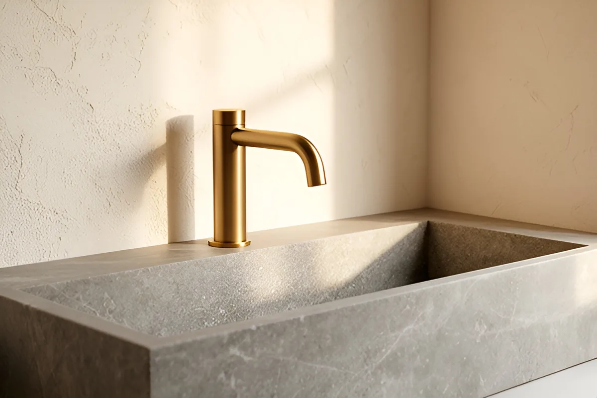 Brushed brass tap and stone basin in a warm minimalist bathroom