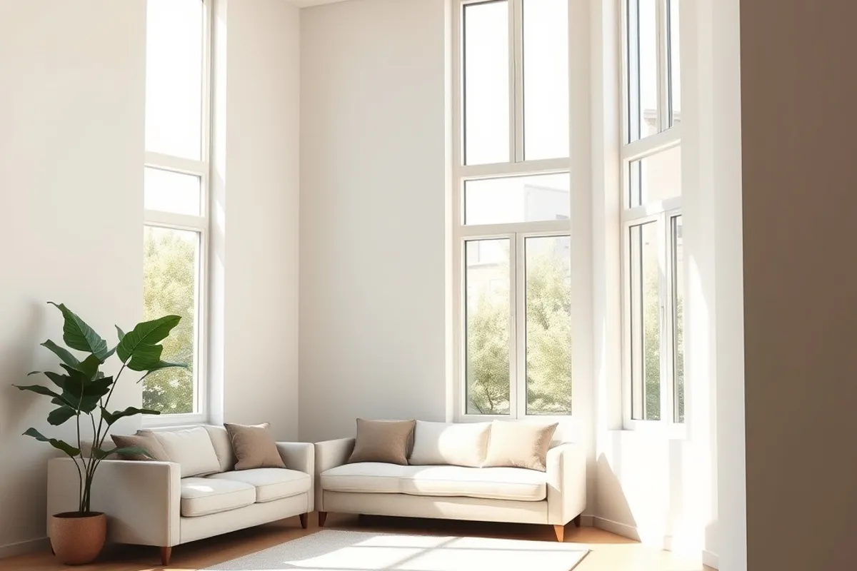 Sunlit living room with open windows and a clean, uncluttered interior