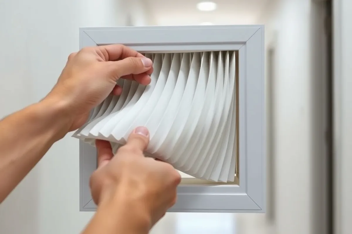 A pleated HVAC filter being slid into a return-air grille in a hallway