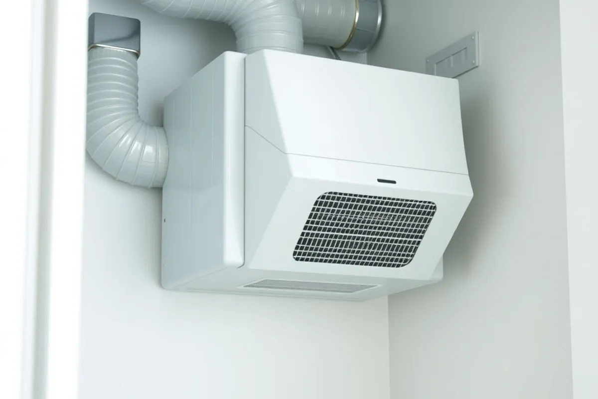 A balanced ventilation unit mounted in a utility closet with insulated ducts