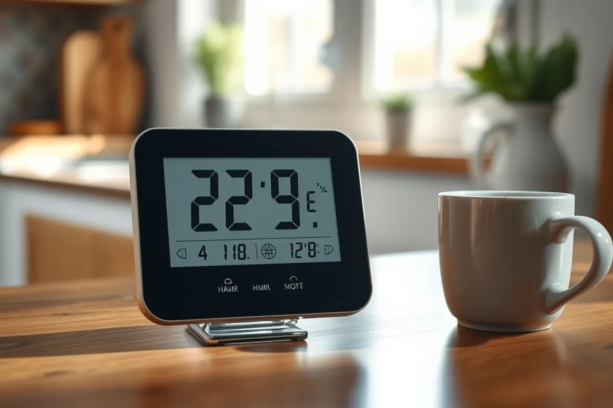 A digital hygrometer reading indoor humidity on a kitchen counter