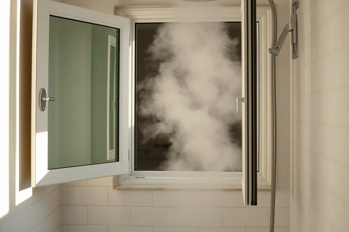 A homeowner opening a bathroom window after a shower to clear moisture